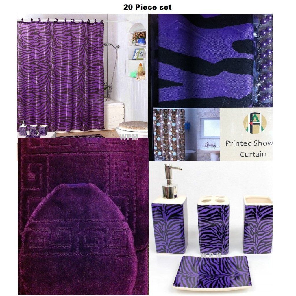 Purple Bath Rug Set + Purple Zebra Shower Curtain & Accessories